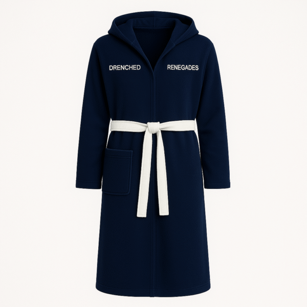 Navy blue poolside robe with white waist tie and Renegades logo. Soft, absorbent, and ideal for post-match comfort.