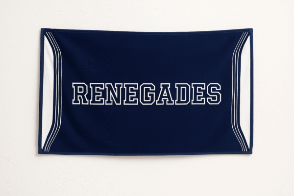Navy blue towel with bold white Renegades branding and white edge stripes. Thick, absorbent, and perfect for poolside use.