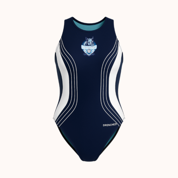 Navy blue women’s water polo suit with bold Renegades logo on the back and sleek white side panels. Designed for high-performance and durability.