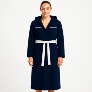 Navy blue poolside robe with white waist tie and Renegades logo. Soft, absorbent, and ideal for post-match comfort.