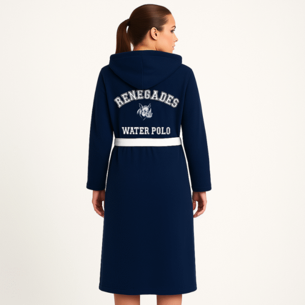 Navy blue poolside robe with white waist tie and Renegades logo. Soft, absorbent, and ideal for post-match comfort.