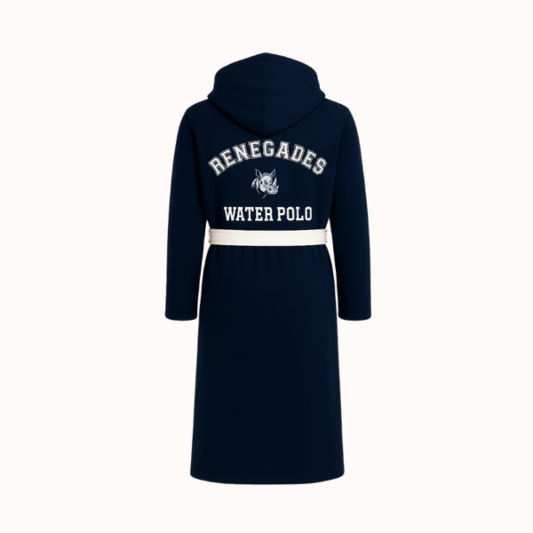 Navy blue poolside robe with white waist tie and Renegades logo. Soft, absorbent, and ideal for post-match comfort.